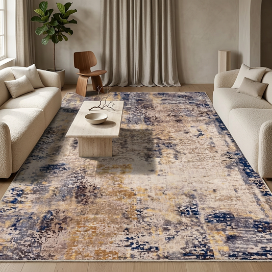 Indigo rug styled in a living room