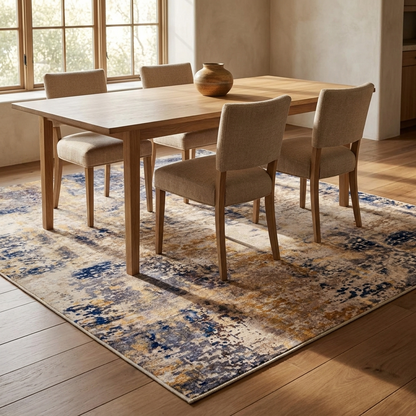 Indigo rug styled in a dining room