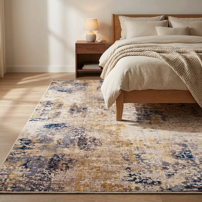 Indigo rug styled in a bedroom