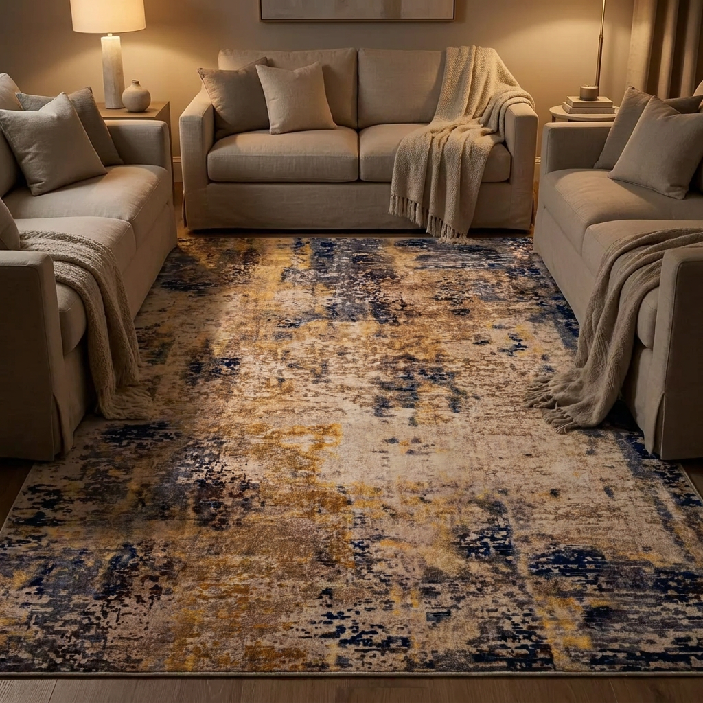 Indigo rug, lit at night