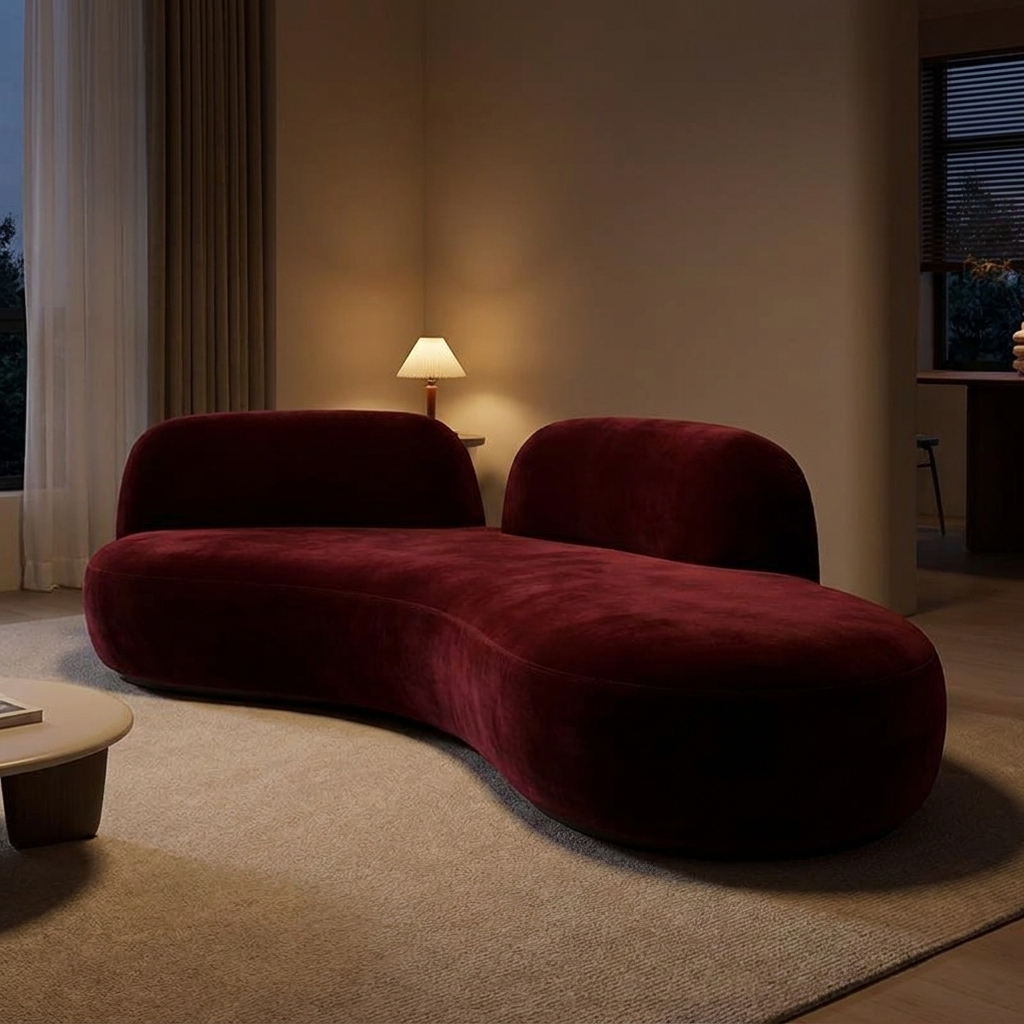 Isolde curved sofa, lit at night