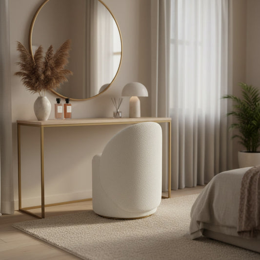 Fleece Vanity Stool styled in a bedroom vanity corner