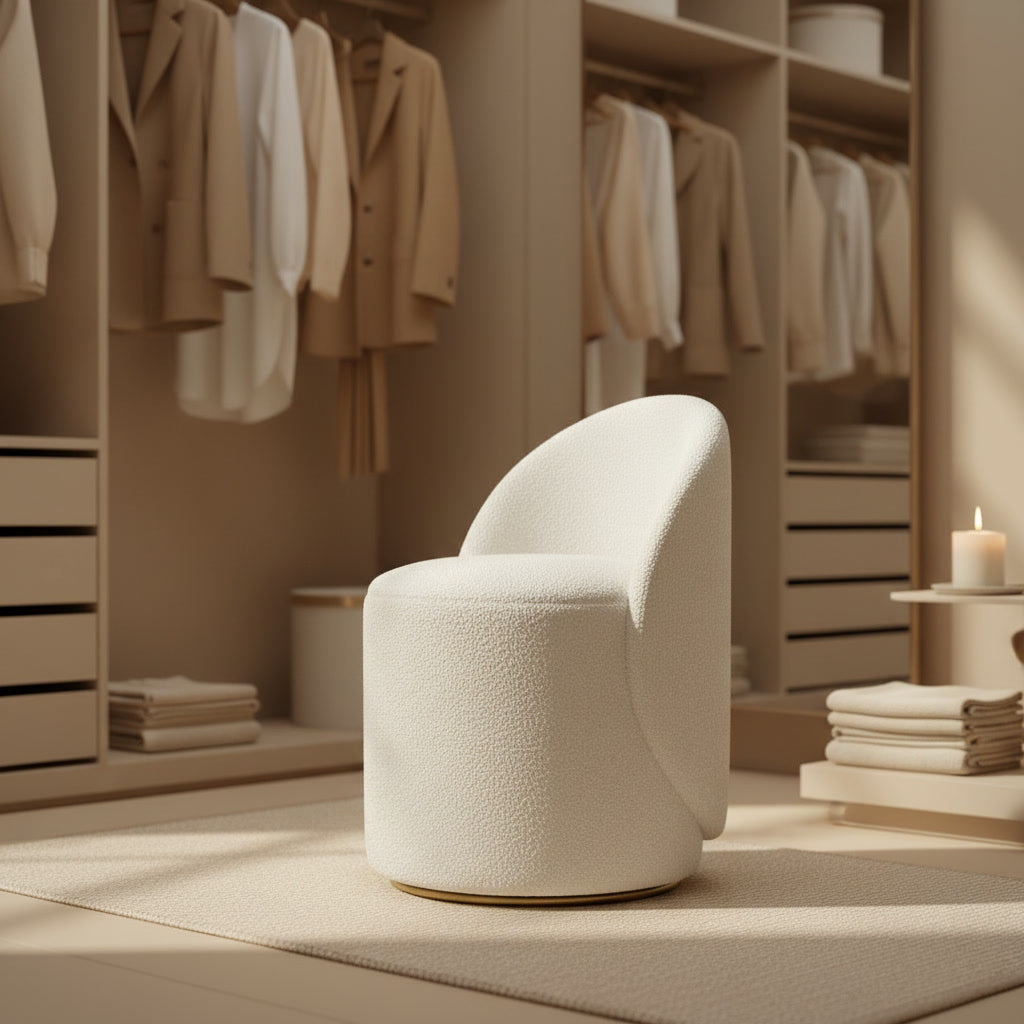 Fleece Vanity Stool styled in a dressing room
