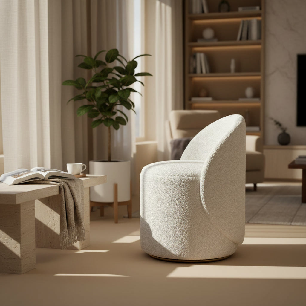 Fleece Vanity Stool styled in a living room corner