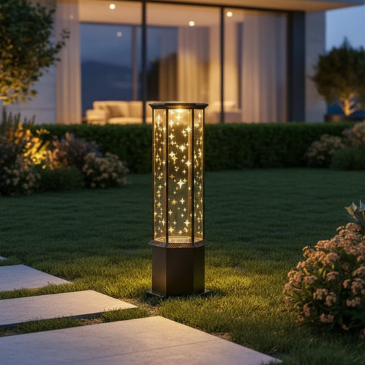 Astralis Column Light styled in a garden pathway