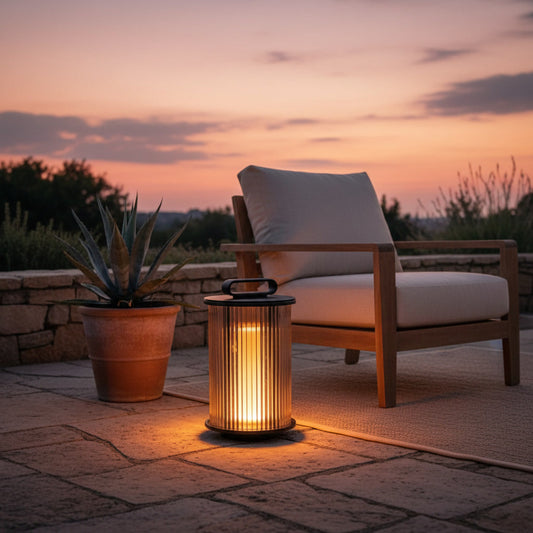 Solene Lantern styled on a patio at dusk