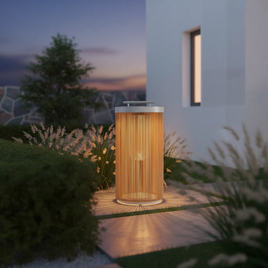 Solstice Garden Lantern styled on a garden path at dusk