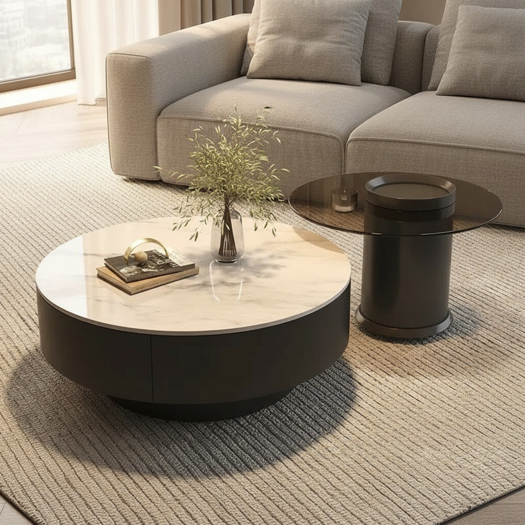 Kasumi Coffee Table styled in a living room, nesting set