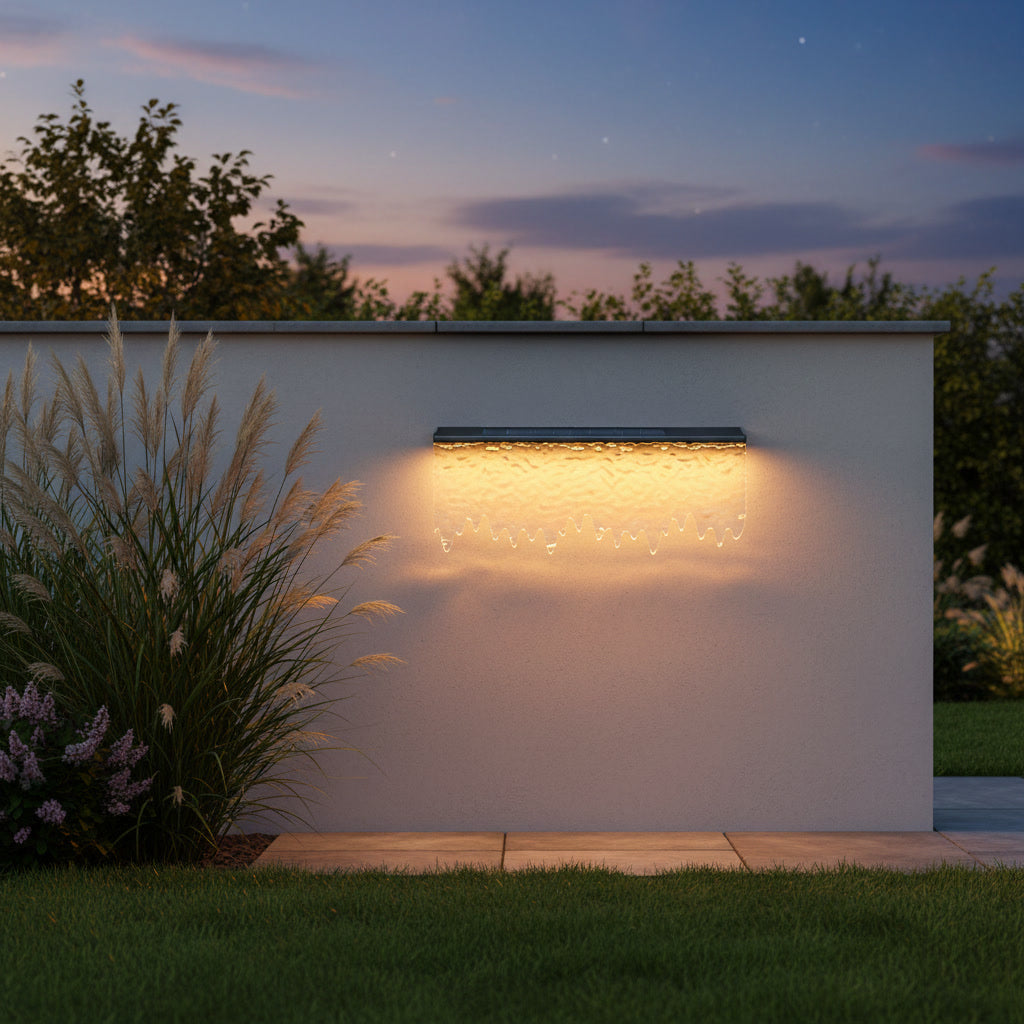 Cascade Outdoor Light styled on a garden wall at dusk