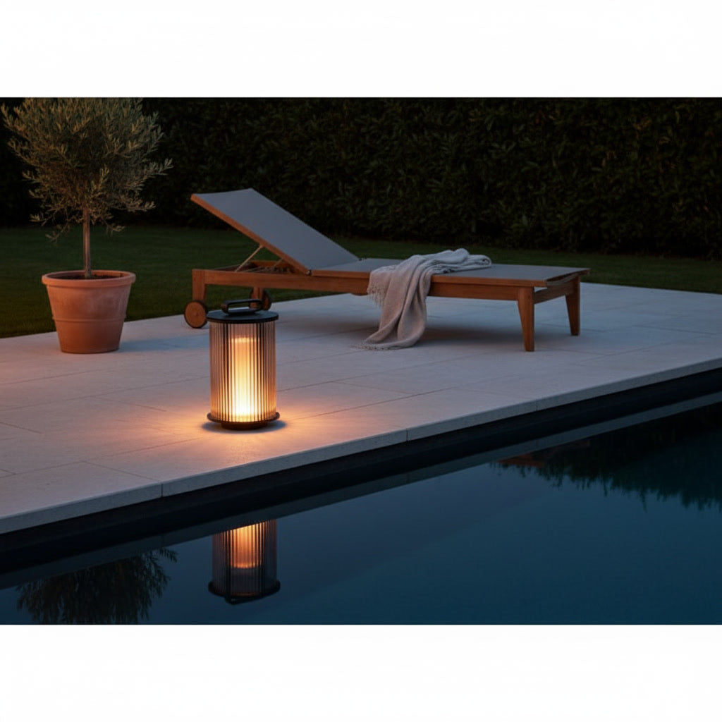 Solene Lantern styled by a poolside terrace