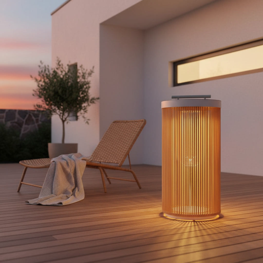 Solstice Garden Lantern styled on a patio at dusk