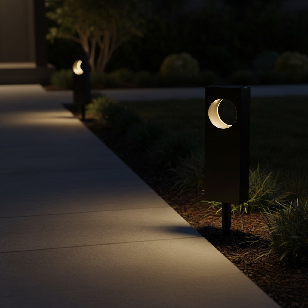 Lunaris Solar Bollard styled along a walkway at night