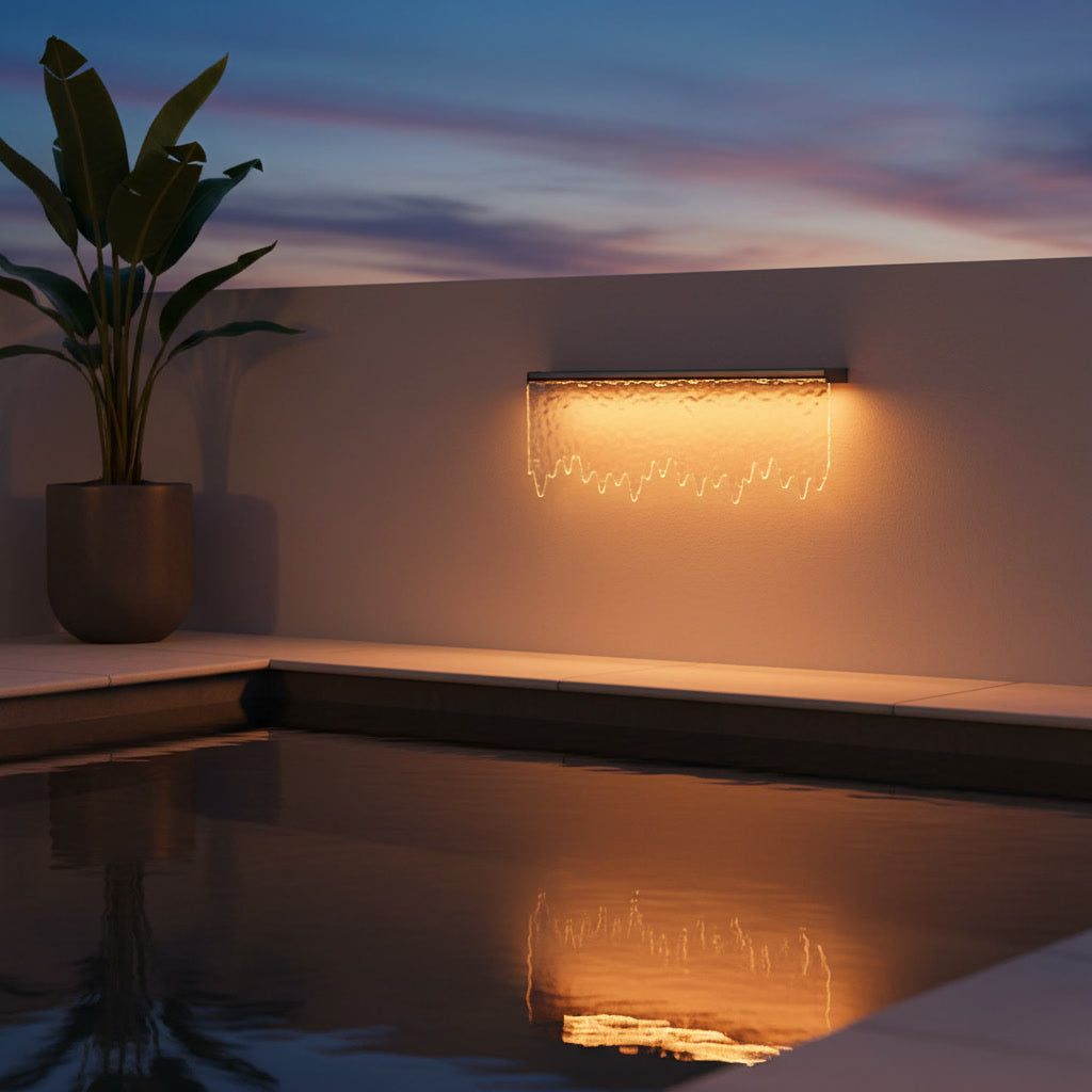 Cascade Outdoor Light styled by a poolside terrace at twilight