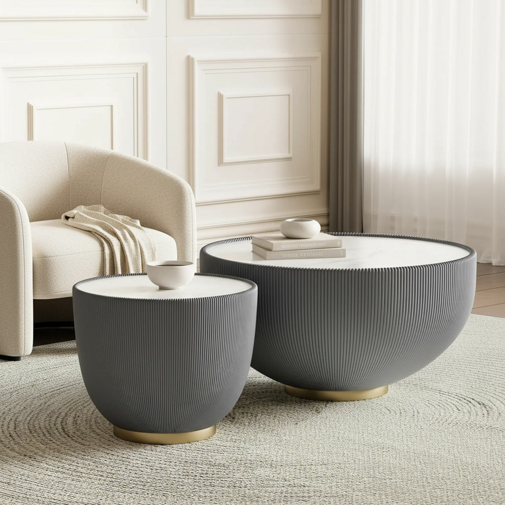 Halo Nesting Tables styled in a quiet-luxury lounge