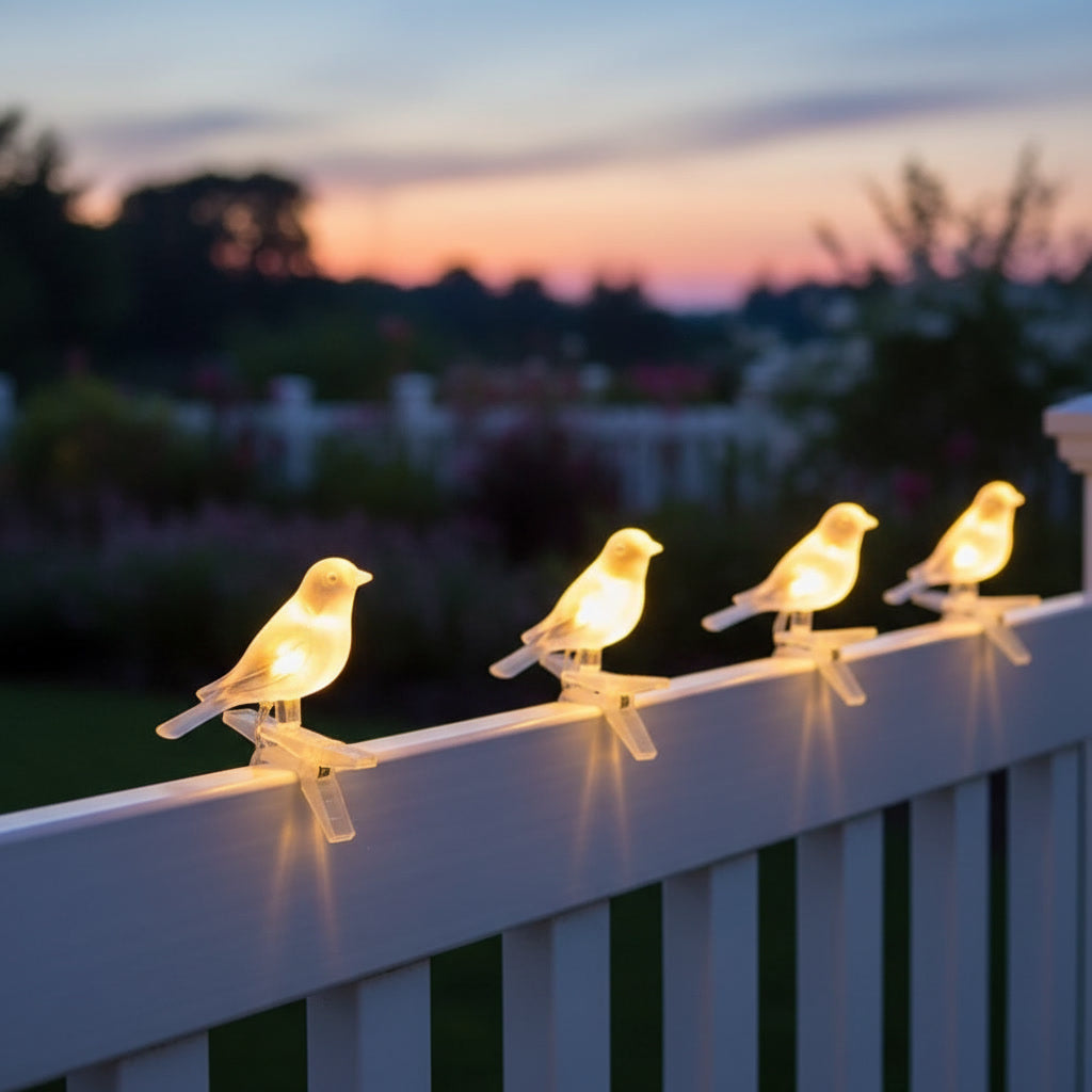 Songbird Solar String - styled on a garden fence