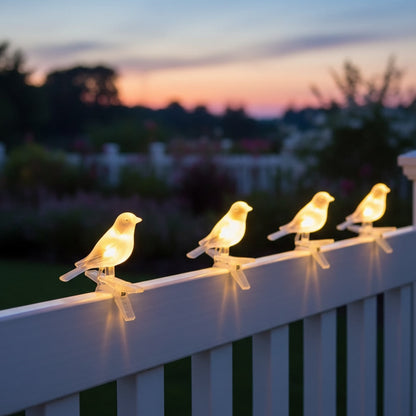 Songbird Solar String - styled on a garden fence