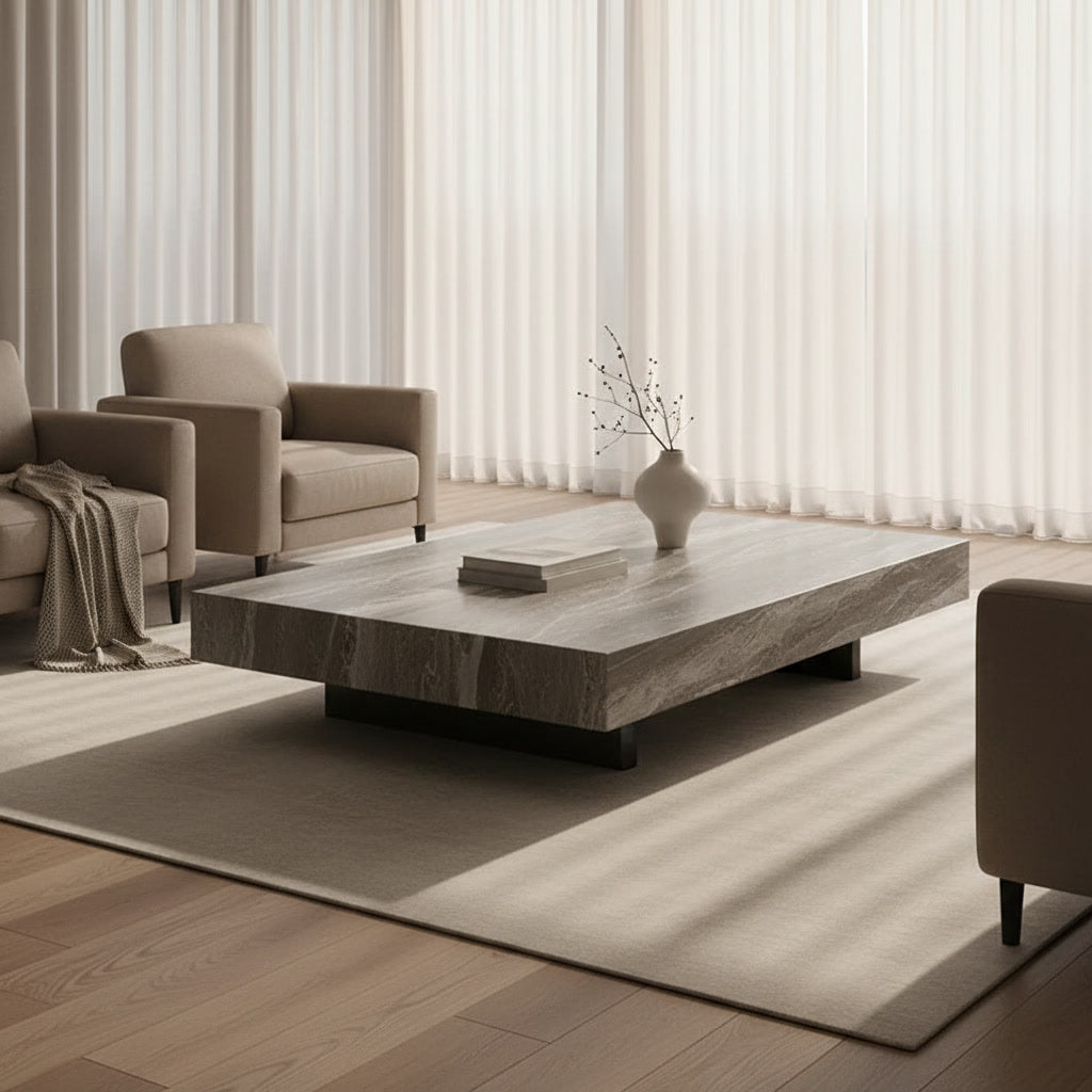 Cove Stone Coffee Table styled in a minimalist living room