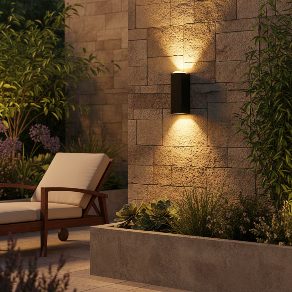 Sentinel Outdoor Sconce styled on a garden patio wall