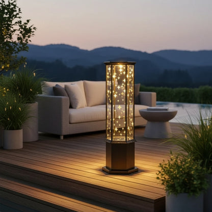 Astralis Column Light styled on a patio terrace
