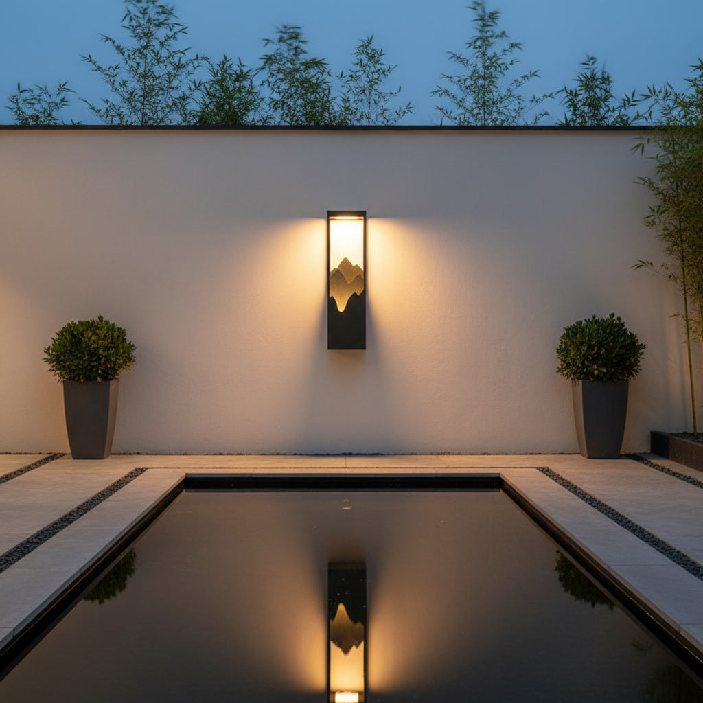 Cascade Outdoor Sconce - styled in a courtyard by a reflecting pool