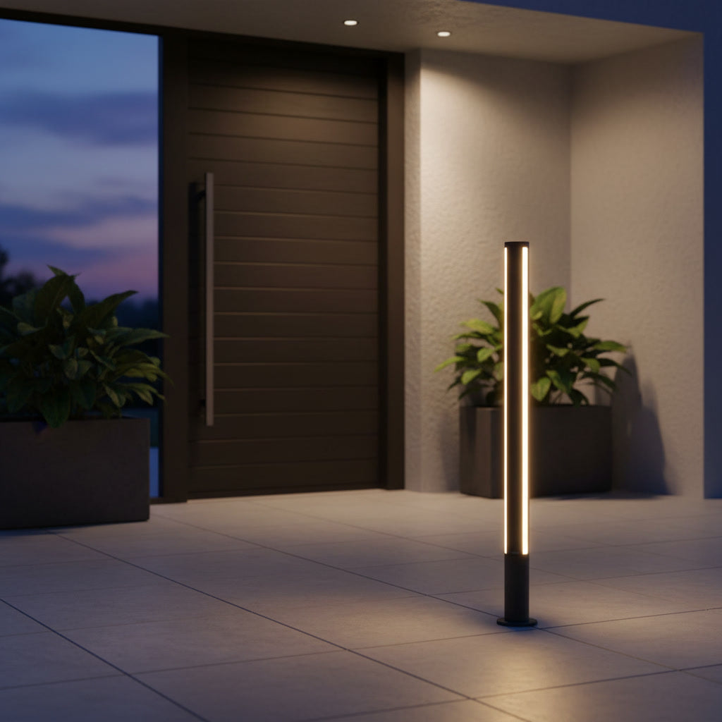 Pharos Bollard Light styled at a villa entrance
