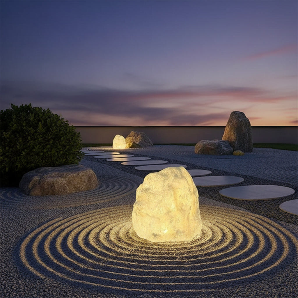 Cairn Stone Lamp - styled in a rock garden