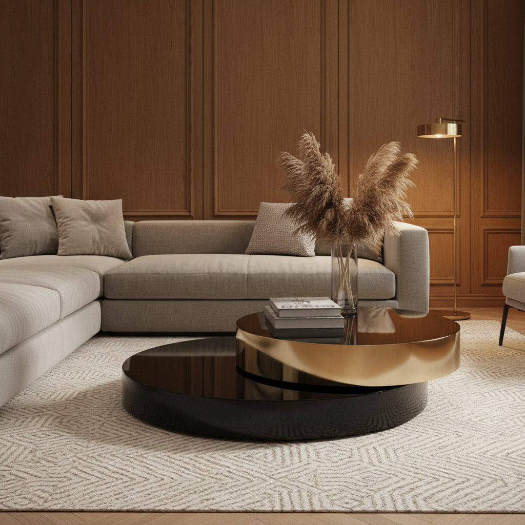 Aria Rotating Coffee Table - styled in a wood-panelled lounge