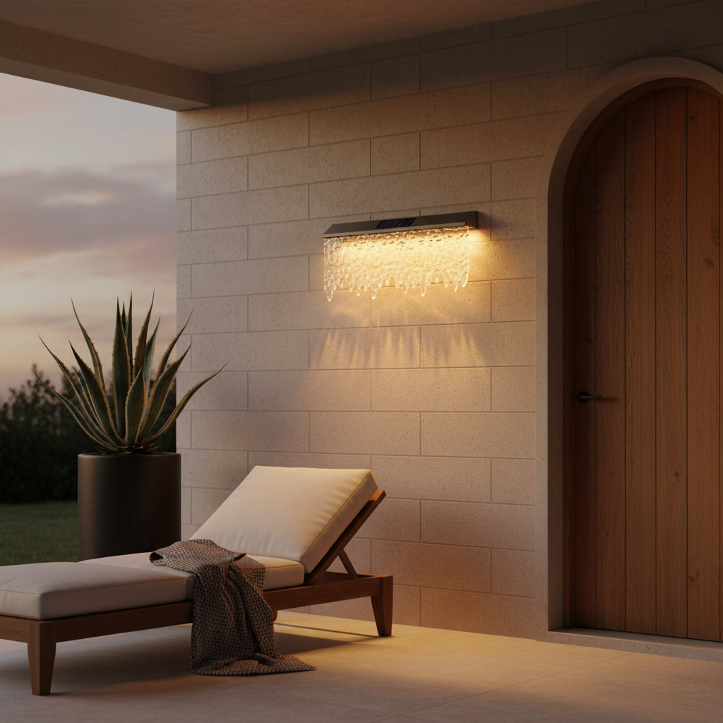 Cascade Outdoor Light styled on a villa patio at dusk