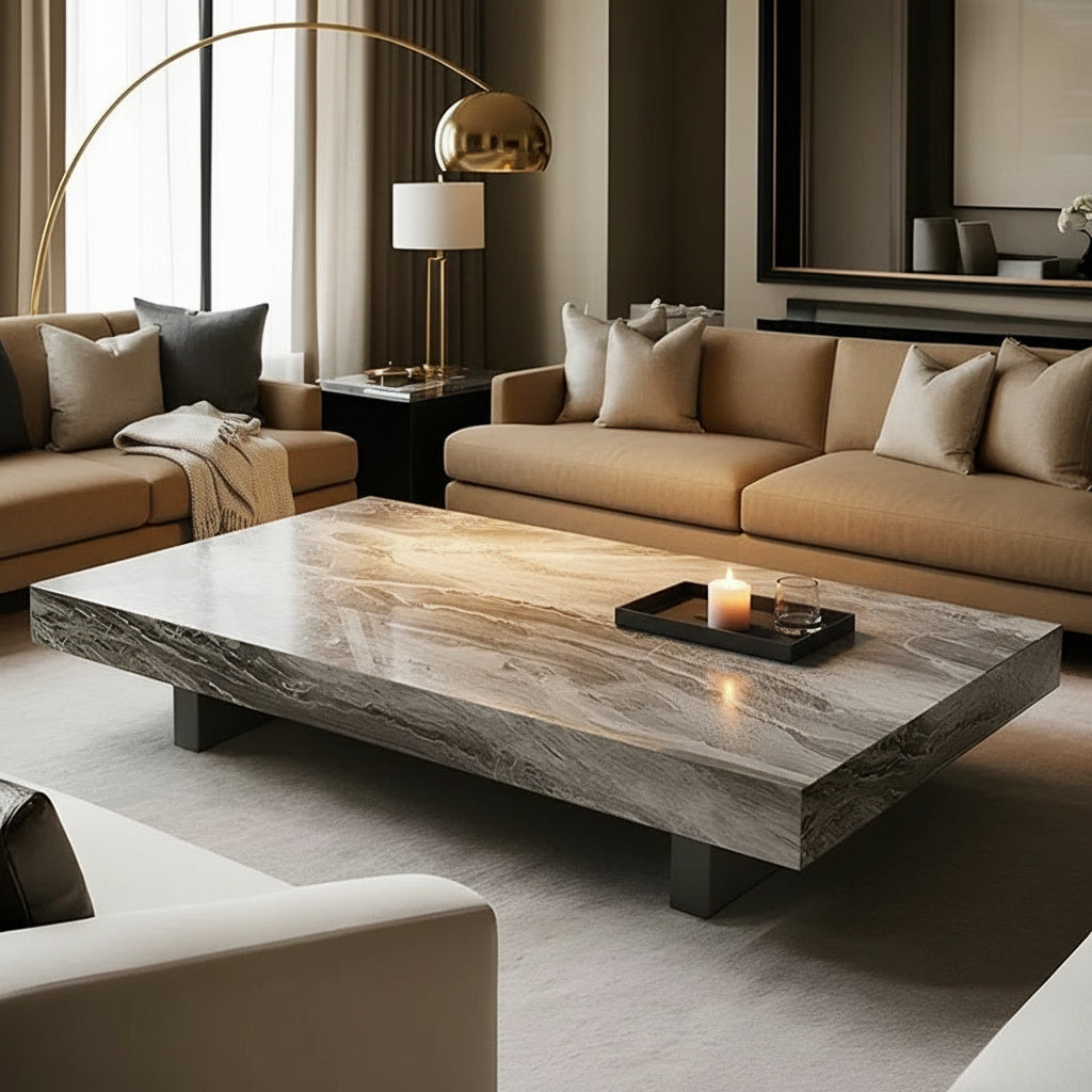 Cove Stone Coffee Table styled in an evening living room