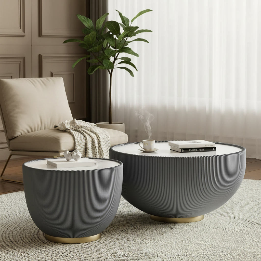 Halo Nesting Tables styled in a reading nook