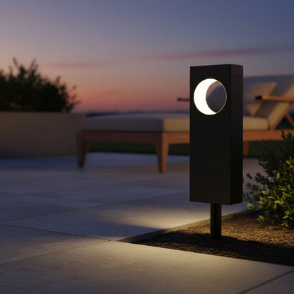 Lunaris Solar Bollard styled on a patio at sunset