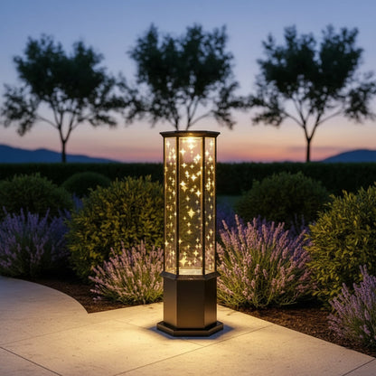 Astralis Column Light styled in a garden courtyard
