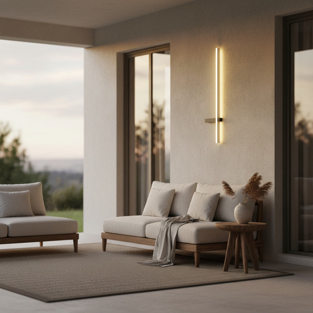 Solstice Linear Sconce styled on a covered patio