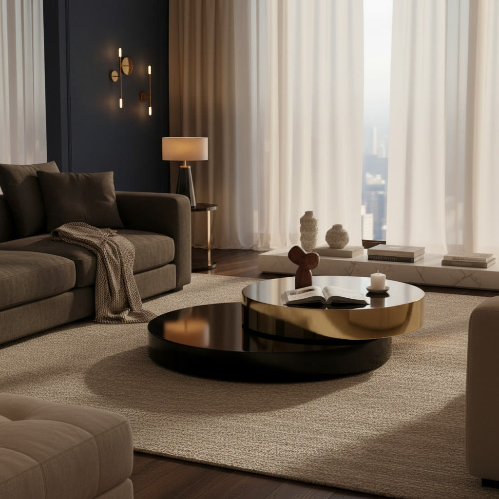 Aria Rotating Coffee Table - styled in an evening living room