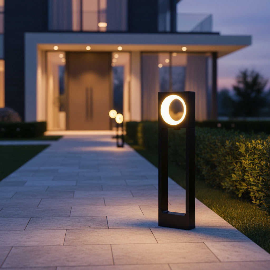 Helios Garden Bollard styled along a house entrance walkway