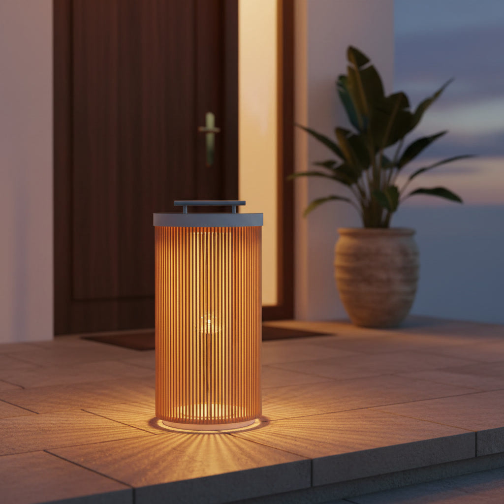 Solstice Garden Lantern styled at a villa entrance at dusk