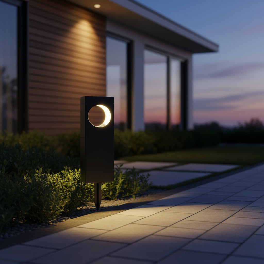 Lunaris Solar Bollard styled at a house entrance at dusk