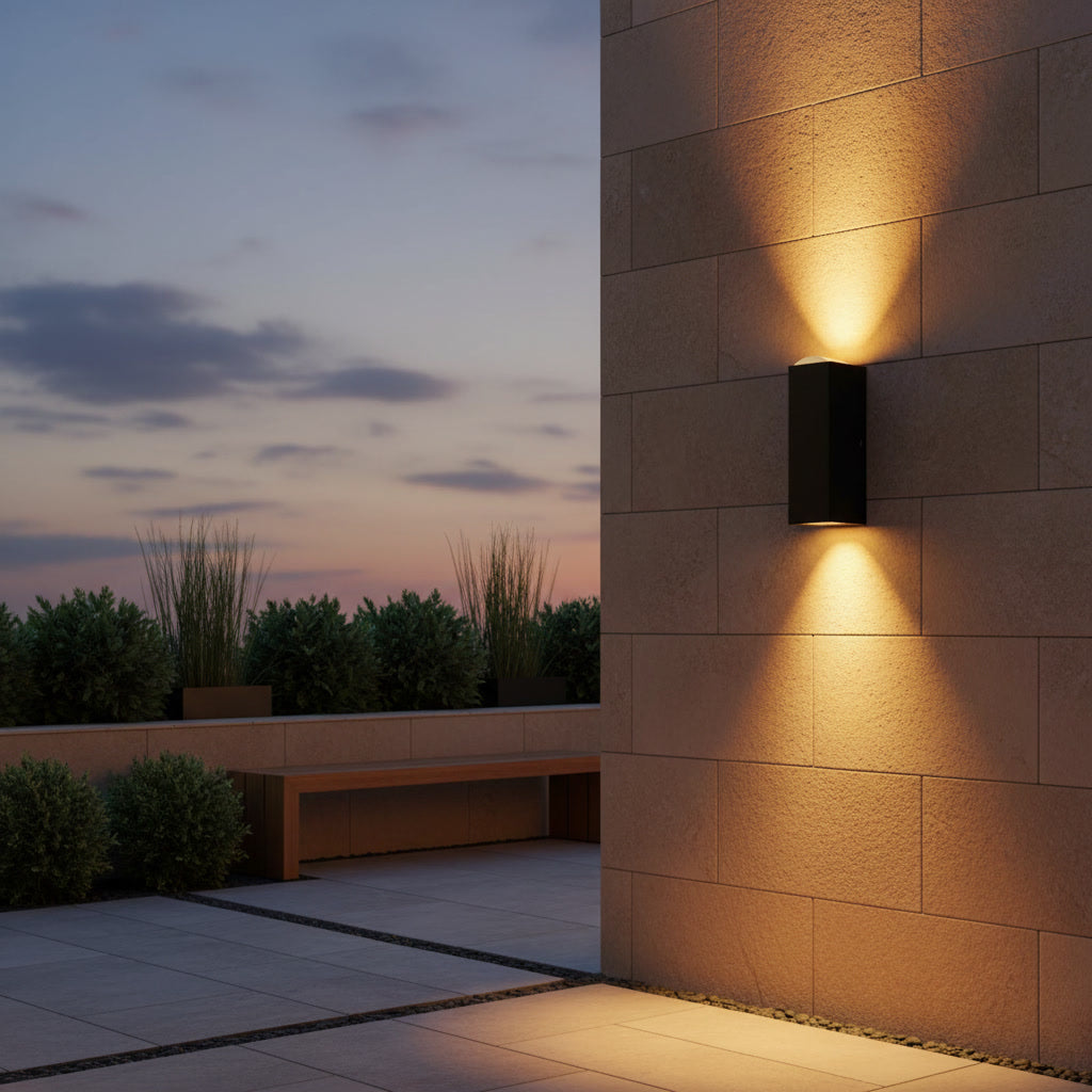 Sentinel Outdoor Sconce styled in a modern courtyard