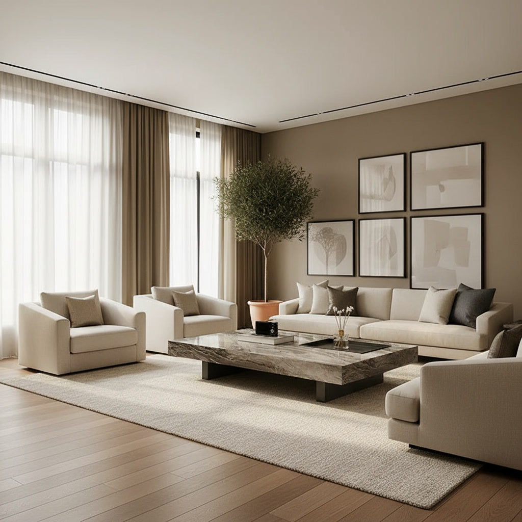 Cove Stone Coffee Table styled in an open living space