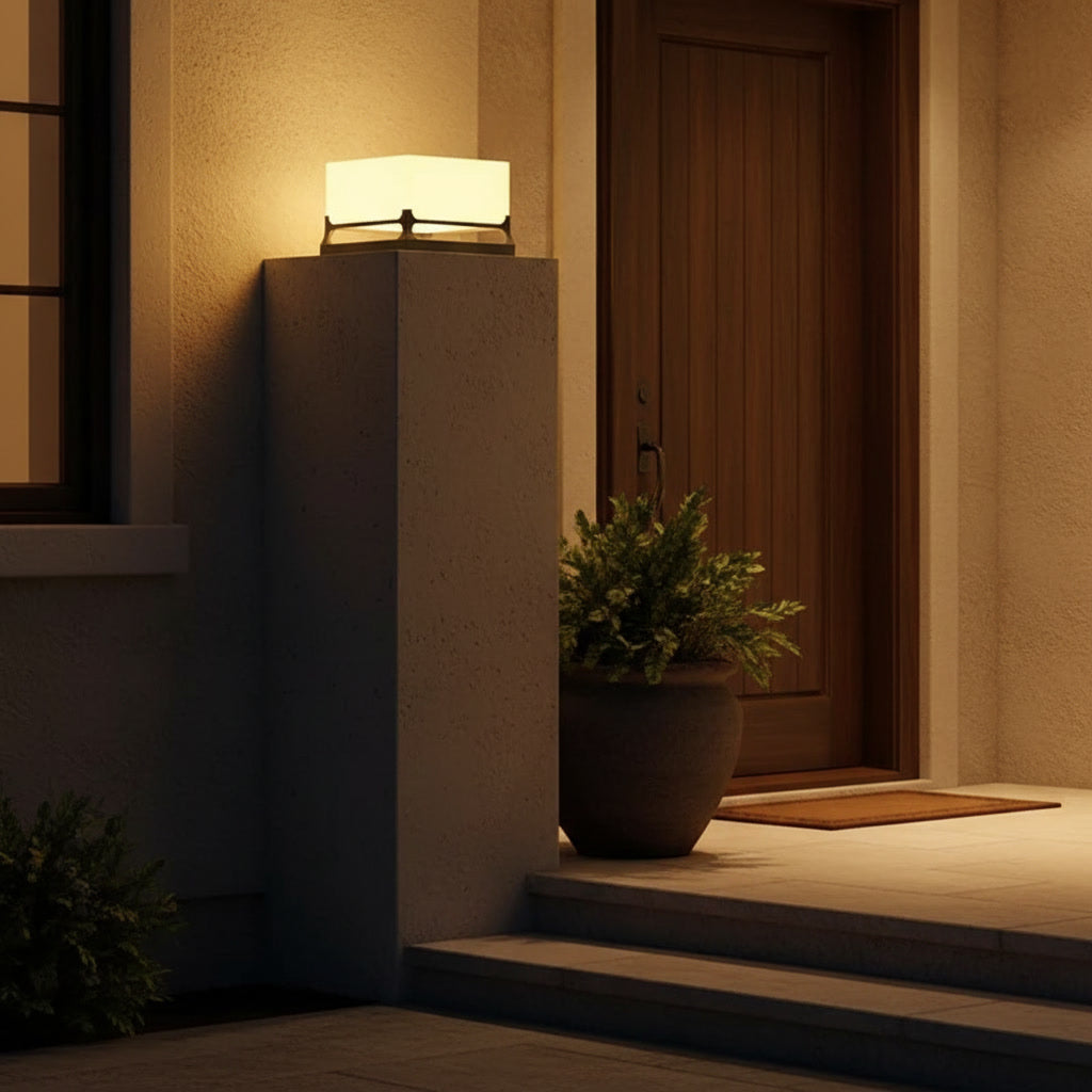 Polaris Pillar Light styled at a house entrance in the evening