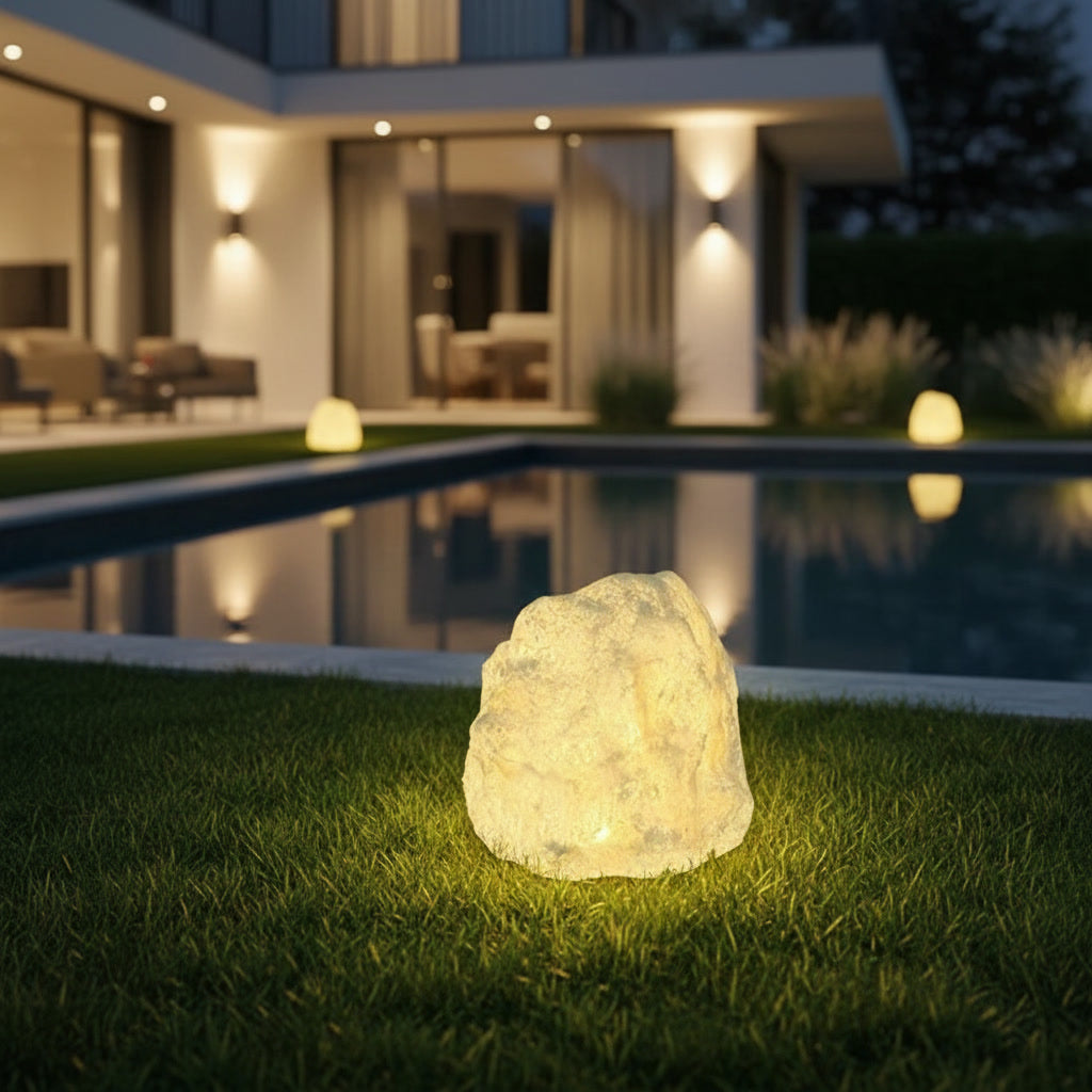 Cairn Stone Lamp - styled poolside