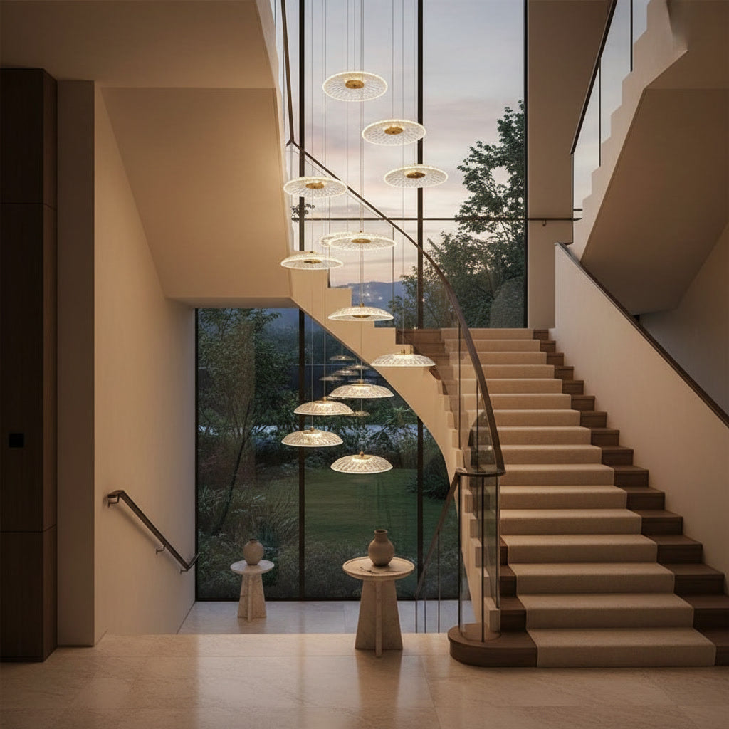 Lotus pendant styled in a stairwell
