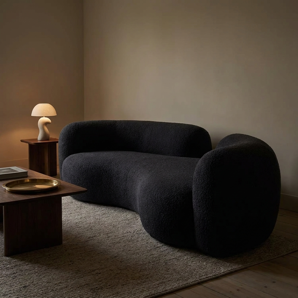 Luca curved sofa, lit at night
