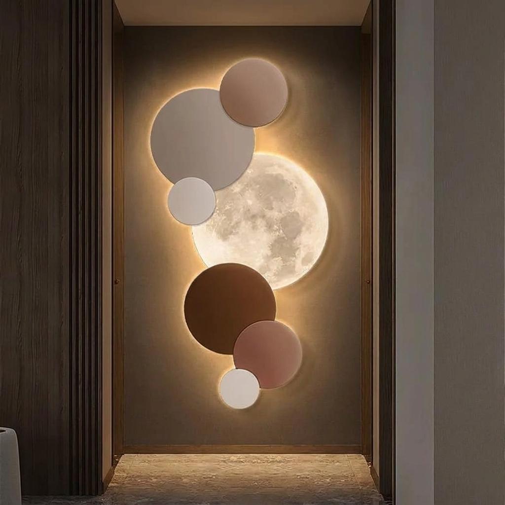 Lunel wall art, lit at night