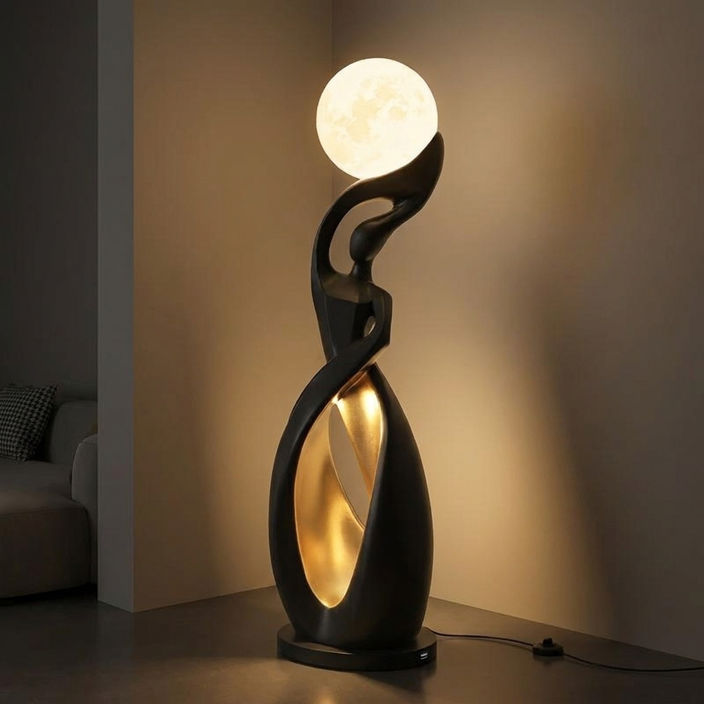 Lyric floor lamp, lit at night