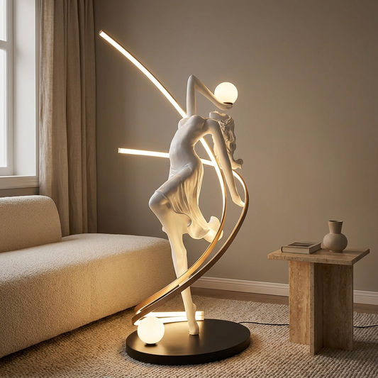 Muse sculptural floor lamp styled in a living room