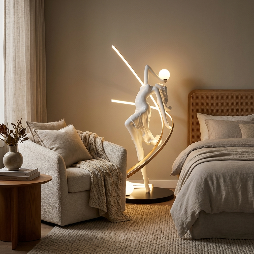 Muse sculptural floor lamp styled in a bedroom corner