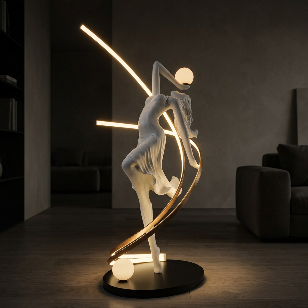 Muse sculptural floor lamp, lit at night