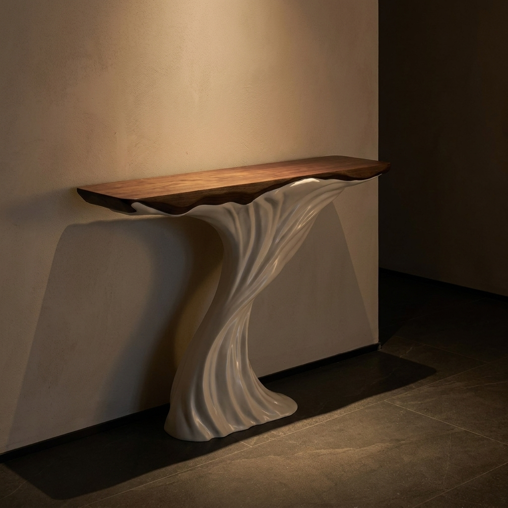 Noor console table, lit at night
