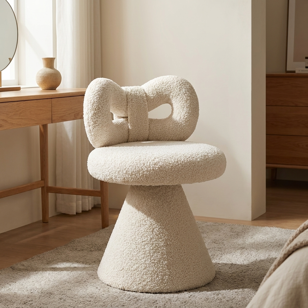 Petra vanity stool styled in a bedroom